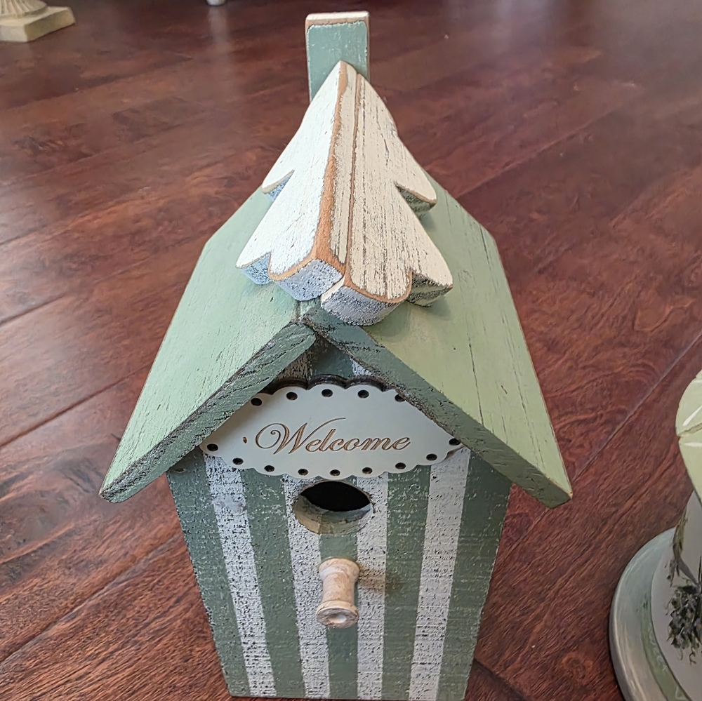 Welcome Wooden Birdhouse -Sage Green & White Striped